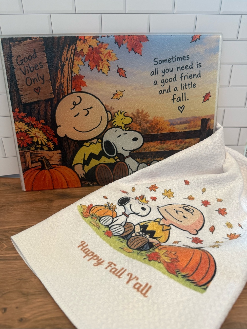 Snoopy Fall Kitchen Towel and glass cutting board 11x8